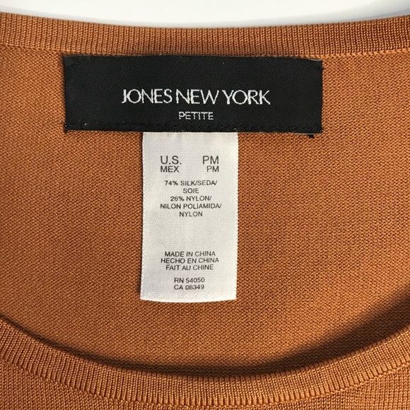JONES NY PETITE MEDIUM Silk fine ribbed knit caramel brown short sleeve top MP - Picture 6 of 12